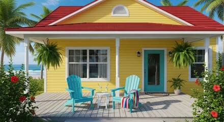 Fototapeta premium Vibrant yellow beach house with red roof, turquoise Adirondack chairs, and lush tropical foliage overlooking the ocean, perfect for vacation