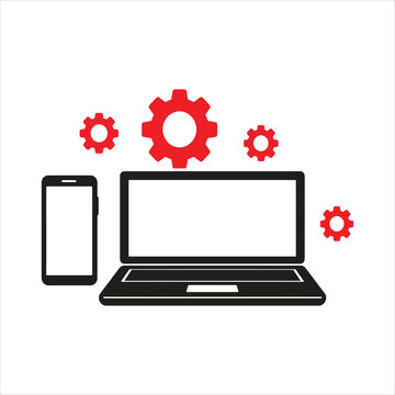 Vector illustration of laptop and smartphone with gears symbolizing data exchange. Symbol of EDI Electronic Data Interchange.