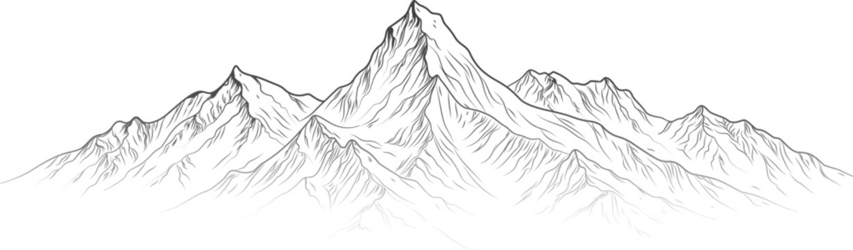 Ganesh Himal detailed line art vector, engraved Himalayan mountain illustration
