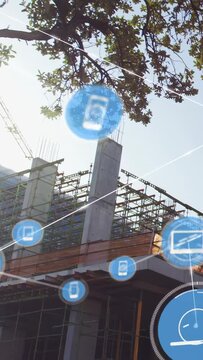 Vertical video: 1 blue icon popping lower, icons linking into AR web over building showing progress