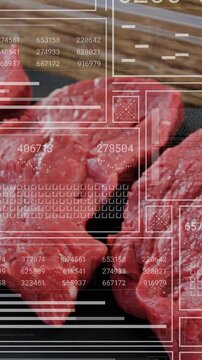 Vertical video: Camera panning over three beef on mat, driving HUD grid moving across meat for food