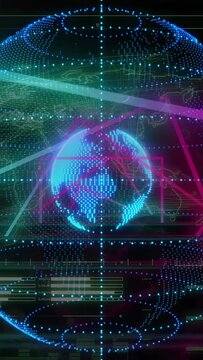 Vertical video: On start holo globe rotating, pulsing, magenta waveform sweeping, visualizing data