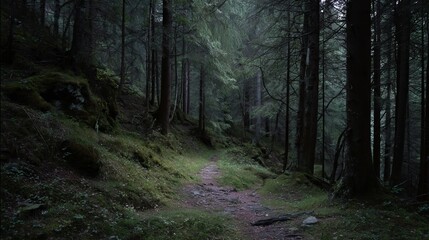 Fototapeta premium Trail winds through the dark, quiet woods.