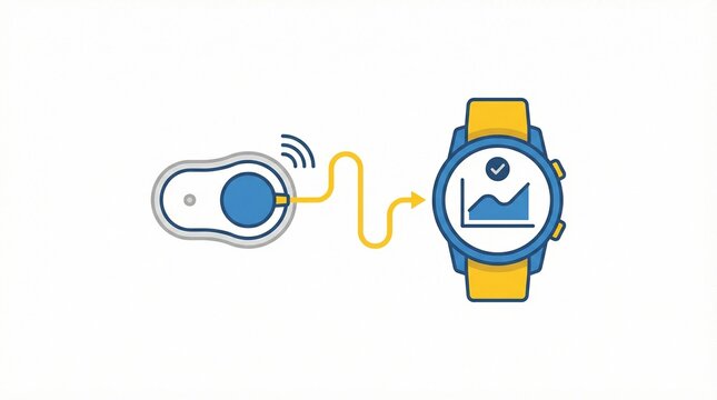 Continuous glucose monitor illustration with smartwatch, wireless medical sensor data synchronization, diabetes management technology icon