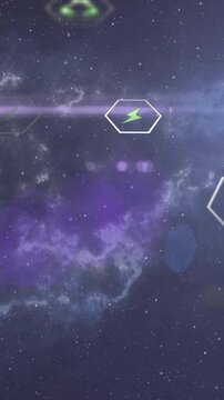 Vertical video: Hexes floating over nebula, lens sweep revealing lightning icons as tech UI status