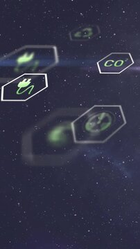 Vertical video: HUD hexes floating over starfield shifting with camera, revealing energy icons
