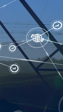 Vertical video: Power pylon receiving sensor feed and showing animated network overlay mapping grid