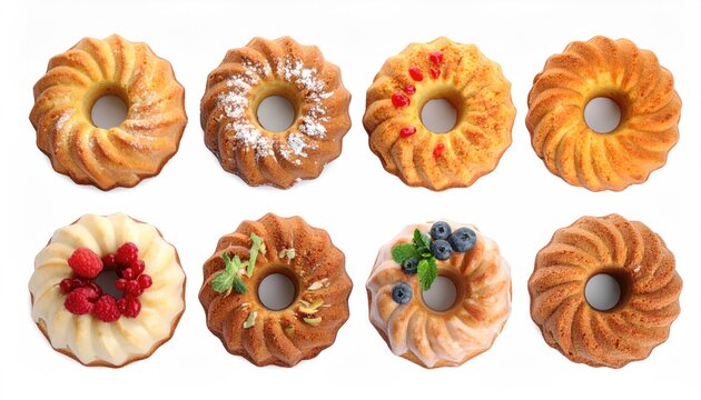 Set of delicious Bundt cakes isolated on white, top view 