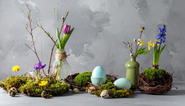 Easter composition on grey concrete background 