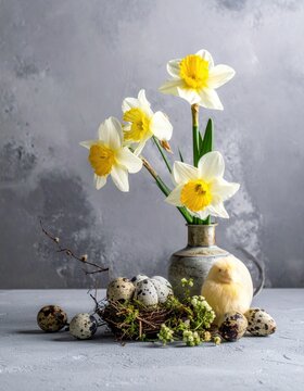 Easter composition on grey concrete background 