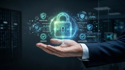 Fototapeta premium A businessman holding a glowing digital padlock with security icons floating above his hand in a dark office.
