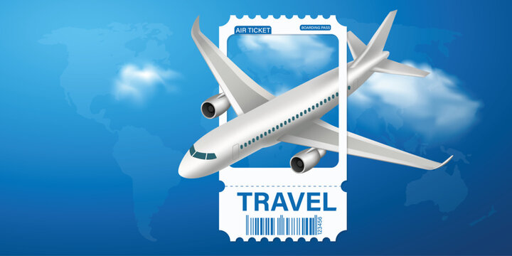 Airplane is taking off from passport with location pin. Luggage blue, air ticket and cloud float away. For media tourism advertising banner design. Holiday travel and Transport concept. 3D Vector.