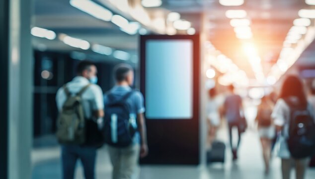 Blurred image of people walking through an airport terminal with bright lights and a digital display board.