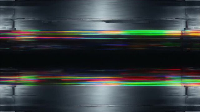 Glitchy digital distortion with colorful horizontal lines on a dark background, creating a moody and abstract visual effect.