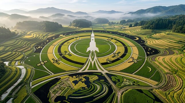International Day of Human Space Flight Tanbo Rice Field Space Rocket Earth Orbit Landscape Illustration