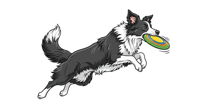 A playful border collie leaps to catch a colorful flying disc