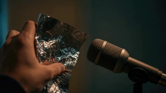 Person creating sound effects using foil and microphone
