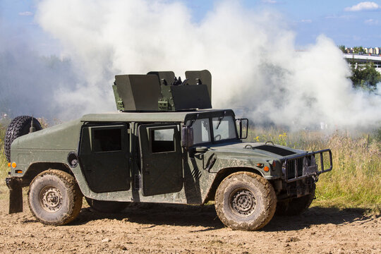 A High Mobility Multifunctional Wheeled Vehicle (HMMWV; commonly known as Humvee) during a military demonstration. Bielsko-Biała, Poland