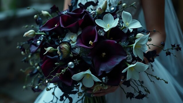 Moody wedding bouquet featuring deep purple calla lilies, white blooms and jeweled accents held by a bride in soft gown, conveying elegance, romance and dramatic bridal style for sophisticated ceremon