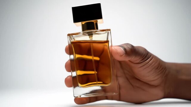 Close-up of a person with dark skin holding a rectangular clear glass perfume bottle containing amber fragrance liquid, featuring a gold spray nozzle and black cap on white background.