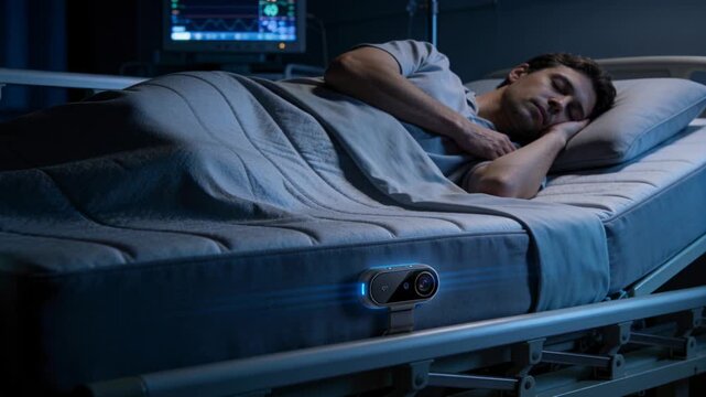 Breathing male patient in gown lying on right side in hospital, mattress LED monitoring overnight