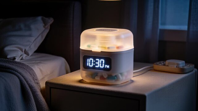 Rotating compact white pill organizer with clock reading 10:30 PM on nightstand, showing pills