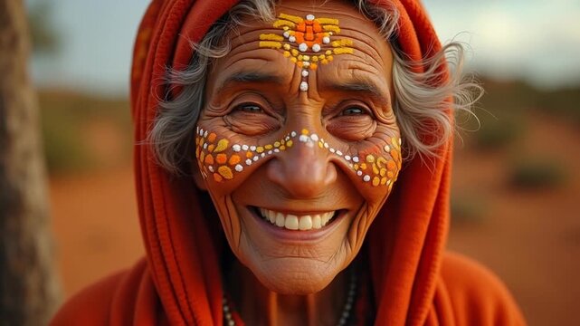 Traditional Aboriginal elder painting sacred dot art on bark with ochre pigment, bokeh warm desert landscape background