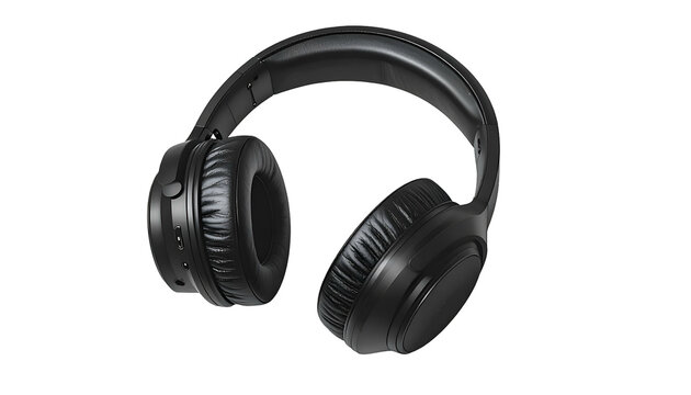 Close-up of black, over-ear headphones; angled view against a black background