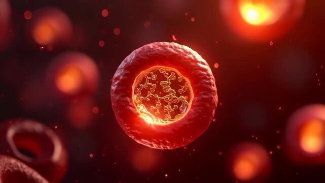 Macro shot of erythrocyte cross section revealing golden hemoglobin protein structure inside