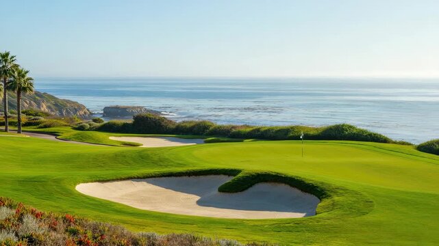 Coastal golf course with sand bunkers, ocean view, blue sky
