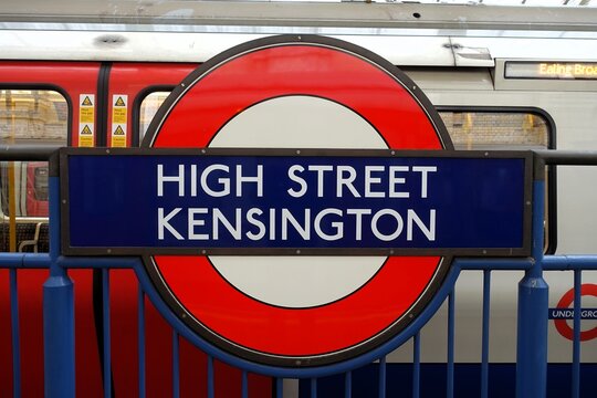 The sign for High Street Kensington tube station on the London Underground, located on the platform for the District and Circle Lines.
