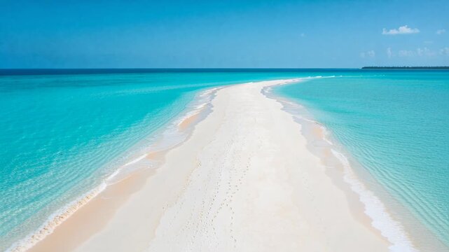 Gliding drone revealing white sandbar curving right over blue lagoon, showing footprints and island