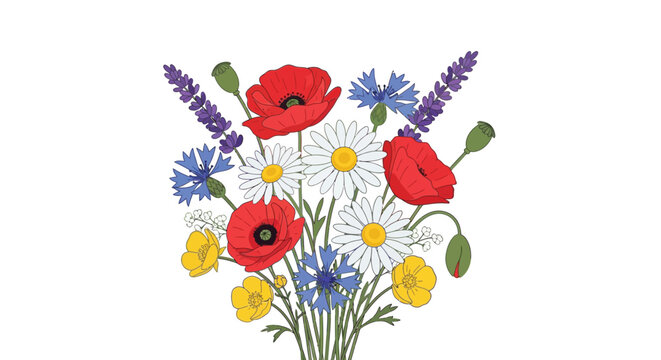 A colorful bouquet of wildflowers including poppies cornflowers and daisies