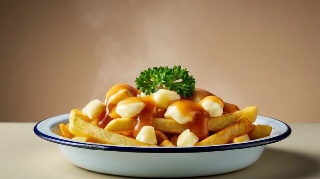 Hot serving of poutine with fries, cheese curds, and gravy
