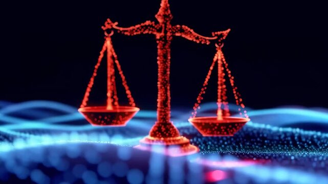 Futuristic glowing red scales of justice on digital network background representing law balance fairness and legal technology concept