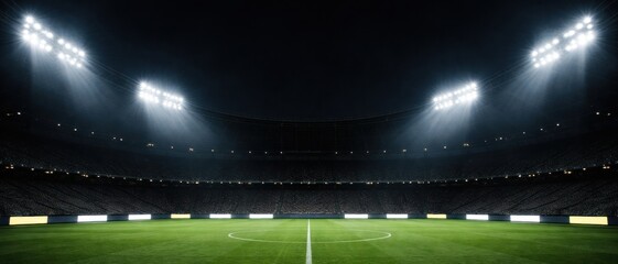 Empty football stadium field under bright floodlights at night with dramatic atmosphere. Concept of competition readiness, sports event anticipation, night game energy, professional arena use.