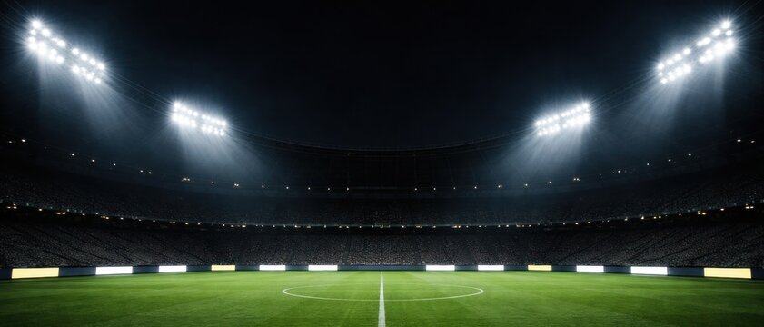 Empty football stadium field under bright floodlights at night with dramatic atmosphere. Concept of competition readiness, sports event anticipation, night game energy, professional arena use.