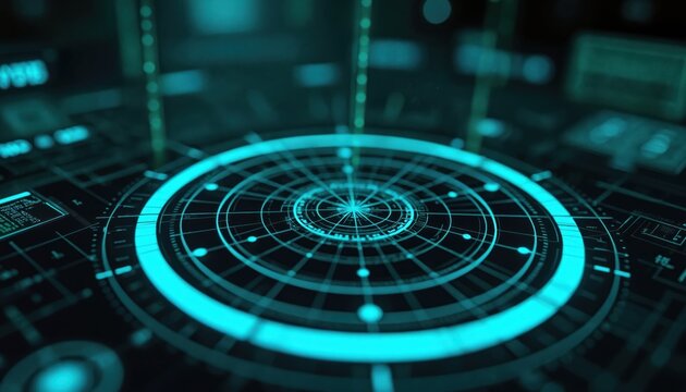 Futuristic interface screen displays glowing blue radar system with precise targeting concentric circles. Digital display shows data analytics and navigation grid.