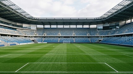 Fototapeta premium Empty modern football stadium in daylight with green field and symmetrical architecture. Concept of sports facility, clean environment, professional venue, outdoor recreation usage.