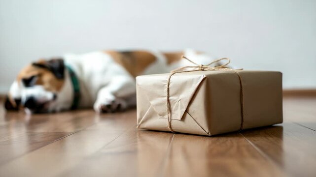 Wrapped gift on wooden floor with sleeping dog in background