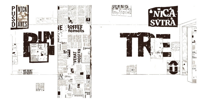 A black and white collage featuring typography and newspaper clippings on a clean white background