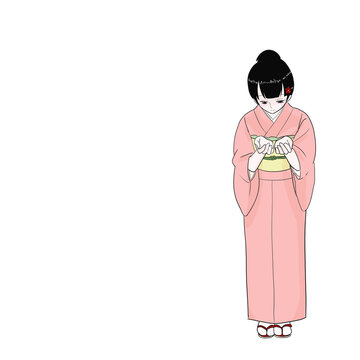 Kimono woman receiving politely front view with both hands