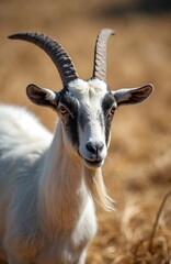 Fototapeta premium Domestic goat with impressive horns poses outdoors. This white and black male animal stands in dry grass. Features its fur and beard clearly.