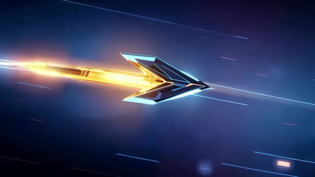 Futuristic arrow shaped spacecraft flying at ultra high speed with glowing energy trail in space technology concept
