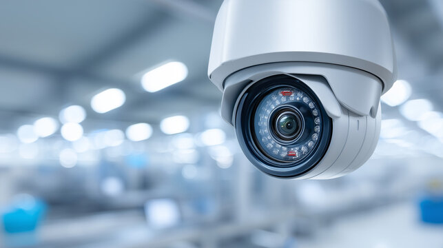 Close-up of a security ip camera mounted at a bright modern manufacturing facility, the camera showing a pan-tilt housing with a lens and an infrared illuminator, a digital quality
