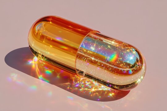 Macro image of a clear medical capsule filled with glowing colorful sparkles and light reflections