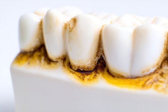 Dental model of human teeth showing heavy yellow tartar and gum inflammation for educational purposes