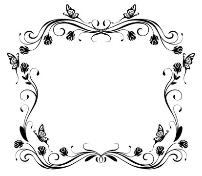Floral ornament frame with butterflies and roses vintage decorative border. Graceful decorative element for decor and text greeting or invitation card design.