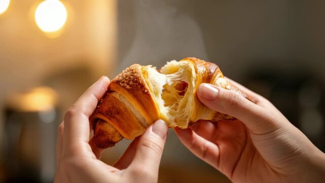 Close up of hands breaking fresh, steaming croissant