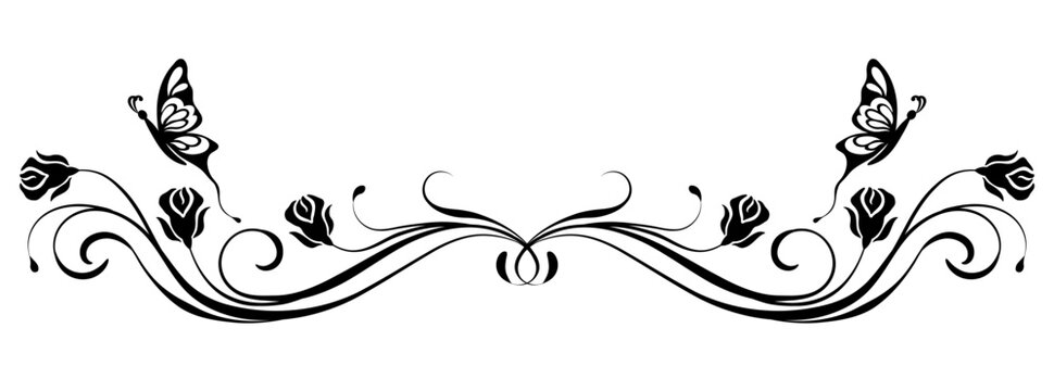 Floral ornament border with butterflies and roses vintage decorative divider